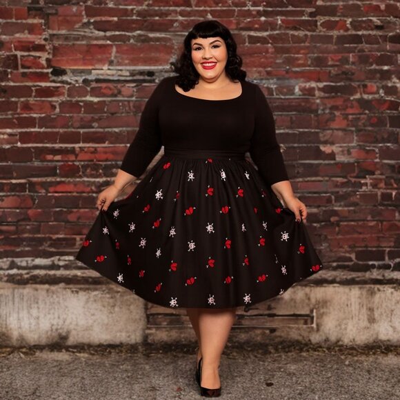 Unique Vintage Gellar Swing Midi Skirt Gothic Skull Heart Flare Bottom Halloween - Picture 2 of 9